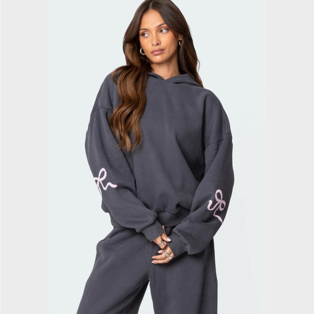 Edikted Pink Bow Gray Oversized Hoodie Relaxed Fit In Excellent Condition